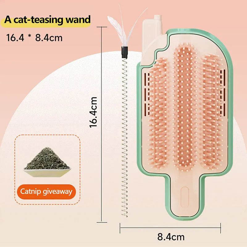 Ice cream cone shaped cat scratching toy with a blue feather and a green mint ball attached.