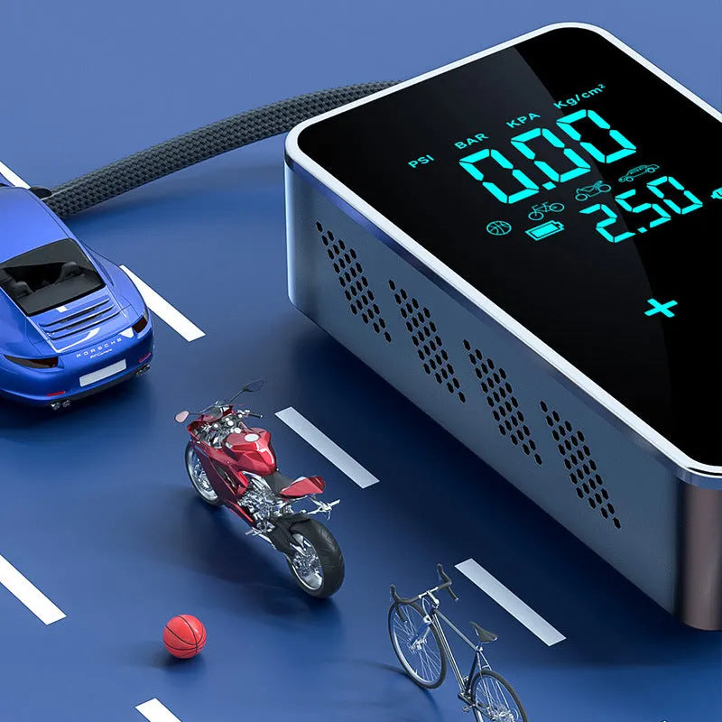 Wireless car tyre inflator with digital LCD screen showing pressure reading
