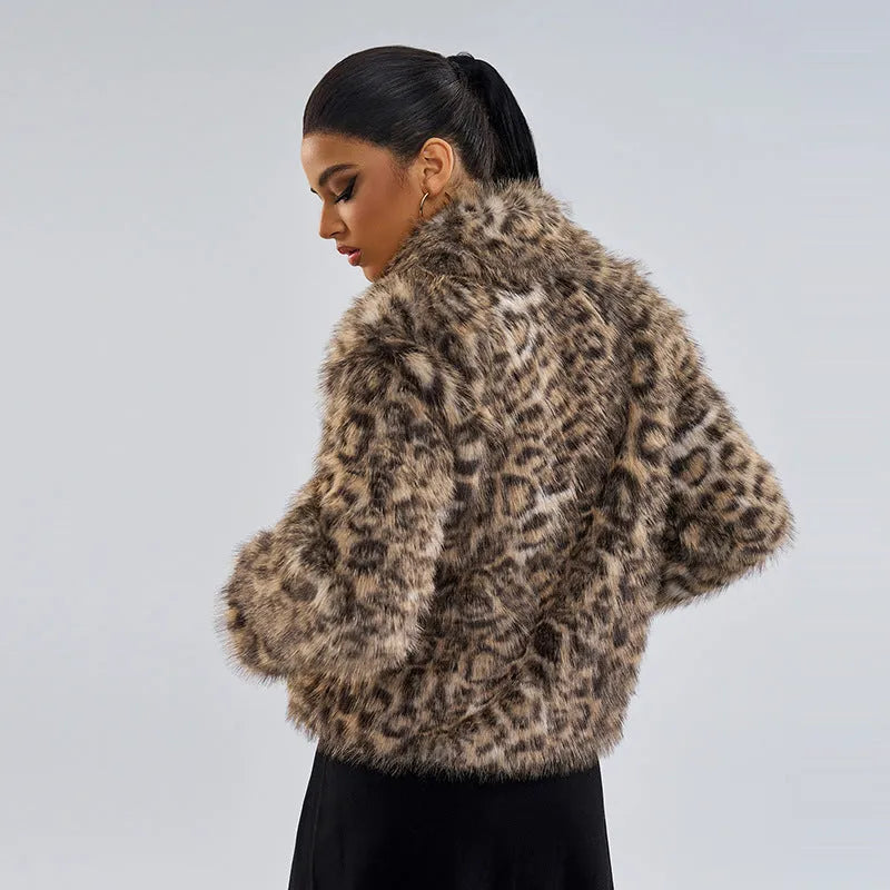 Women's leopard print buckle lapel coat with regular sleeves in street fashion style