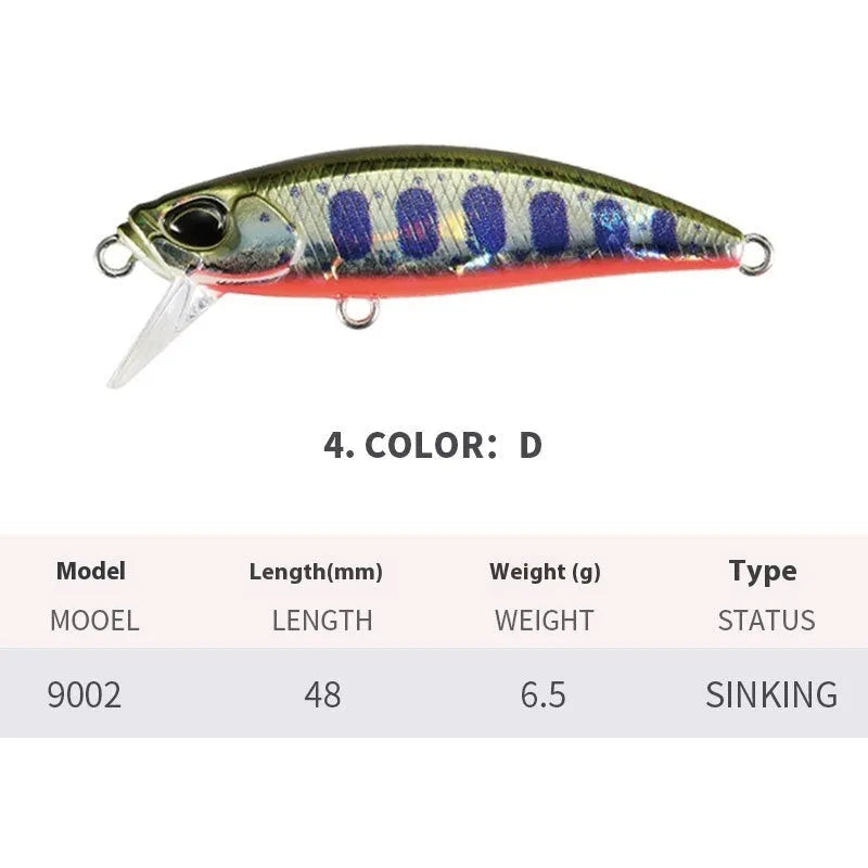 A Japanese submerged mino fishing lure measuring 48mm, shown in one of 14 available colours.
