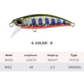A Japanese submerged mino fishing lure measuring 48mm, shown in one of 14 available colours.