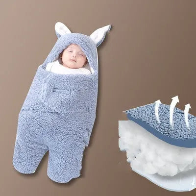 Baby newborn thickened out wrap swaddle sleeping bag in blue lamb wool, suitable for winter, size 0-3 months.