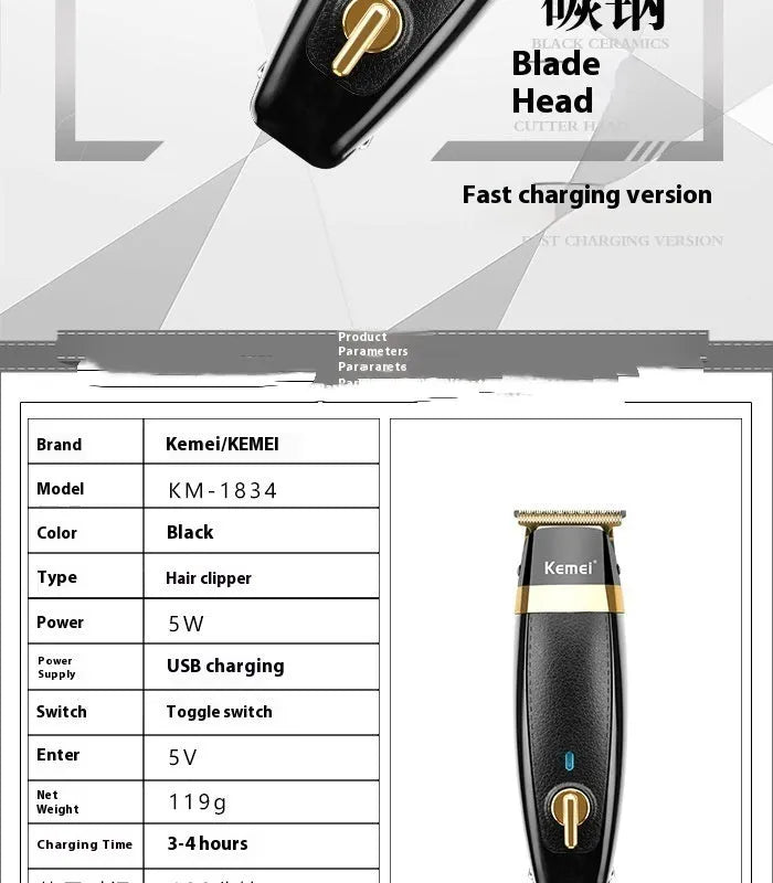 KM1834 rechargeable electric hair clipper with 5 limit combs and USB cable on white background