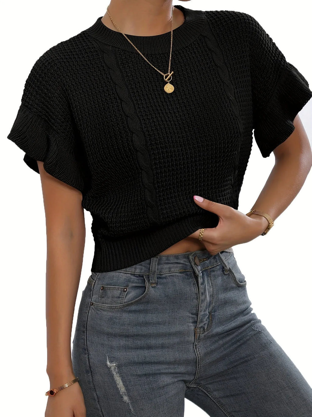 Loose fit knitted pullover sweater with ruffled short sleeves in Japanese Korean casual style