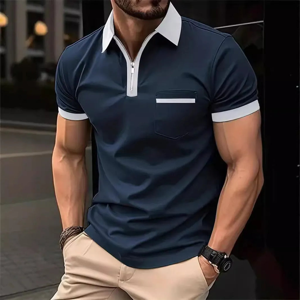 Men's loose fit short sleeve casual shirt with chest pocket and decorative zip details in colour combination options