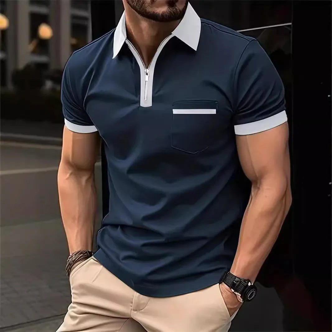 Men's loose fit short sleeve casual shirt with chest pocket and decorative zip details in colour combination options