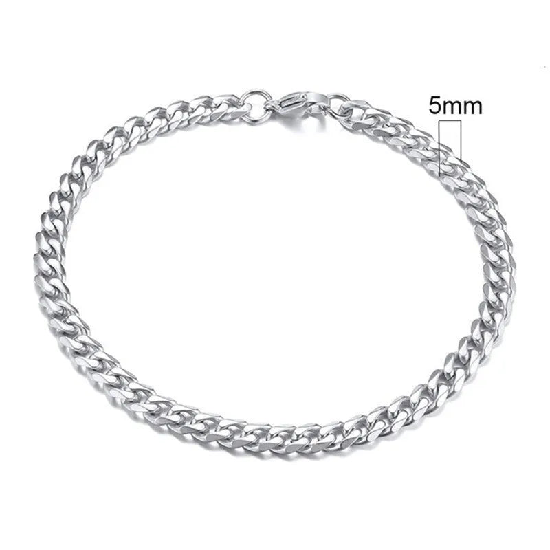 Gold six-sided Cuban link metal bracelet shown in various widths and colour options.