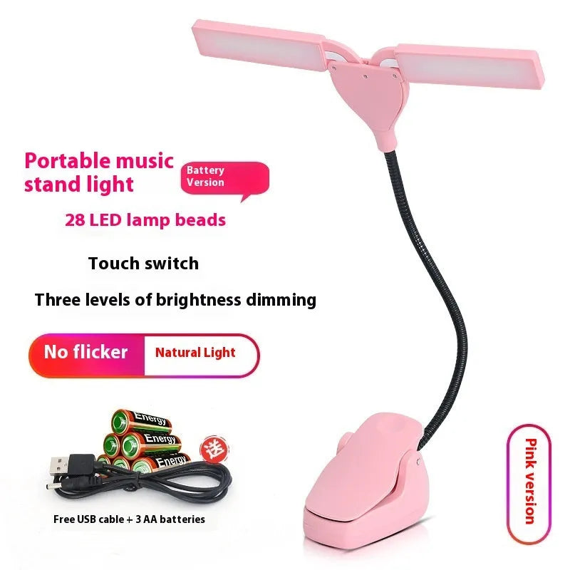 Rechargeable music stand light with 28 LED bulbs in black, pink or white plastic housing
