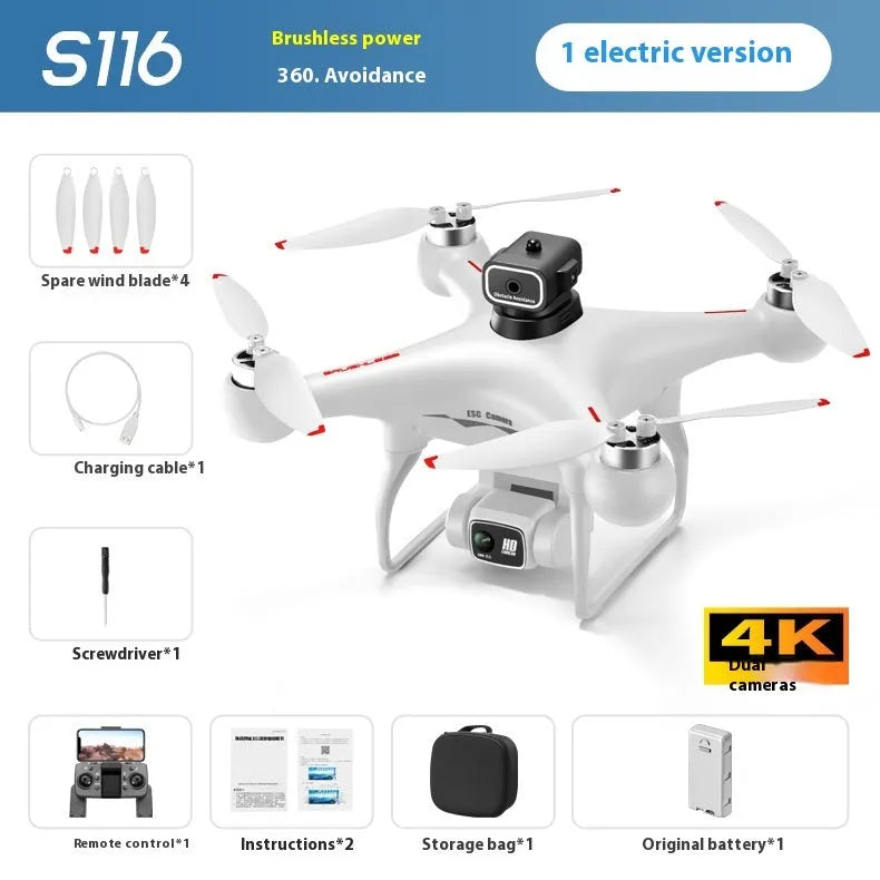 Black or White HD compact brushless UAV drone with four-side obstacle avoidance sensors.