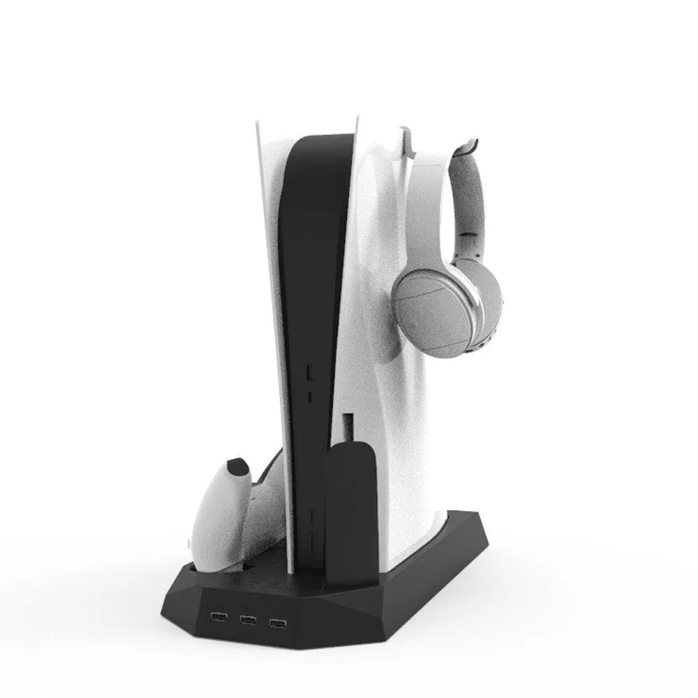 PS5 charging cooling station with dual controller docks and headphone hook in black or white