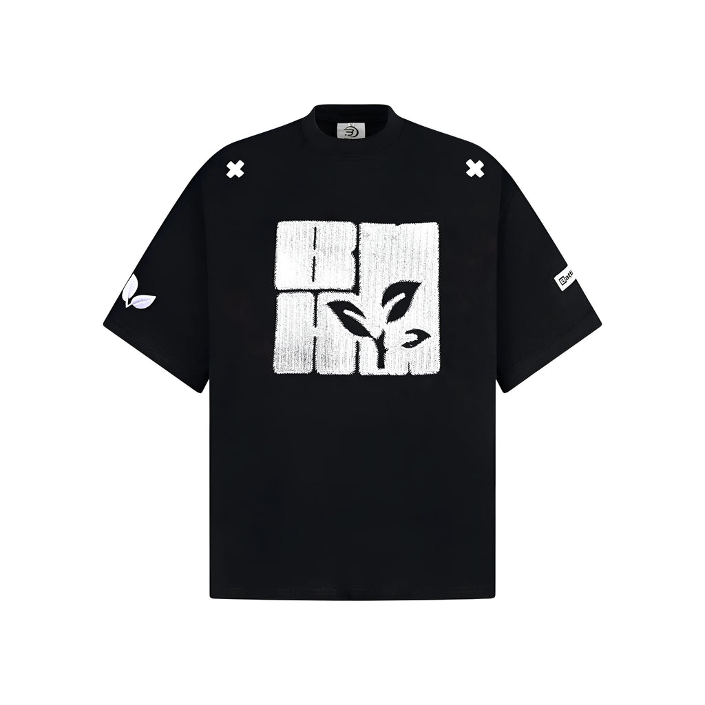 Cotton embroidery letter T-shirt for men, short-sleeve loose fit pullover in black, blue, melange gray