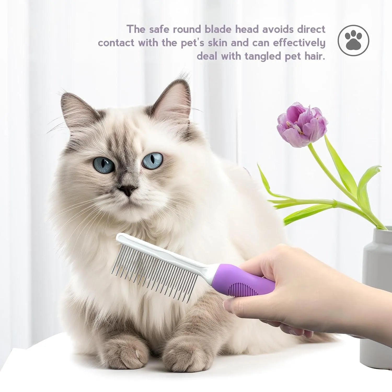 Purple pet grooming comb with stainless steel teeth on ergonomic handle