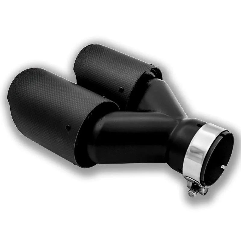 Black carbon fibre car exhaust pipe with a double tail nozzle dual outlet design