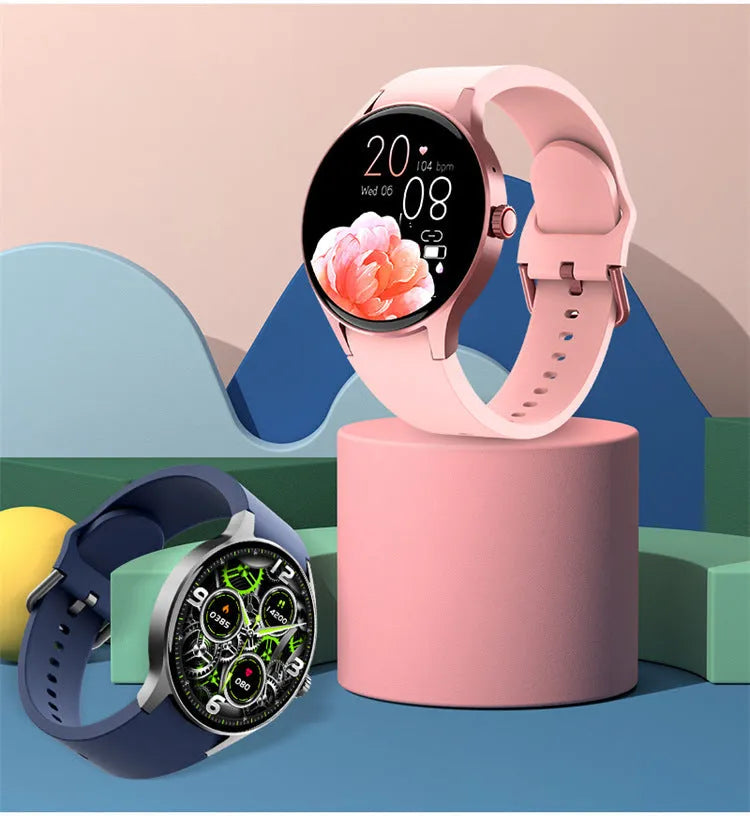 Men's and women's smart Bluetooth sport watch with round touch screen in black, blue, pink, or red colours