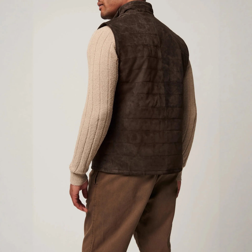 Leather style men's brown polyester vest jacket with horizontal stitching and straight hem