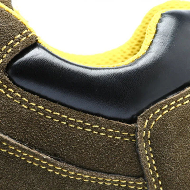 Bronze cow suede safety shoes with steel toe cap and non-slip sole pattern