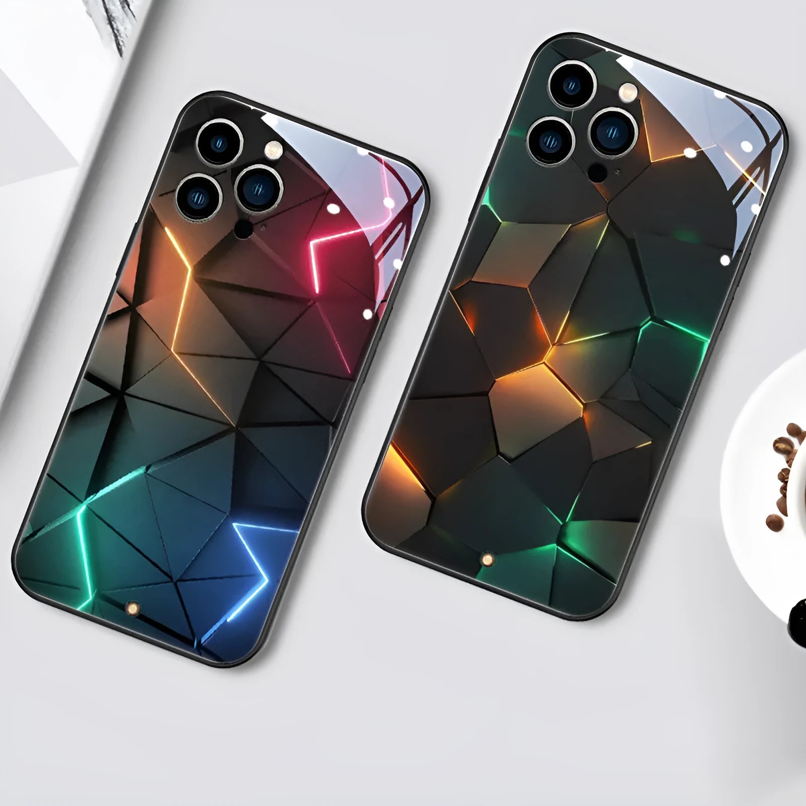 Xpress 14 tempered glass iPhone case with yellow diamond grid design showing light alert feature.