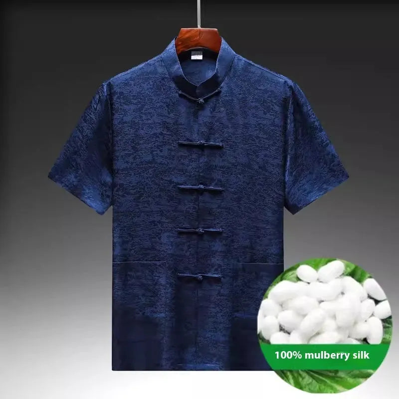 Traditional Chinese-style men's Tang suit in mulberry silk fabric showing white, light green and navy blue colour options