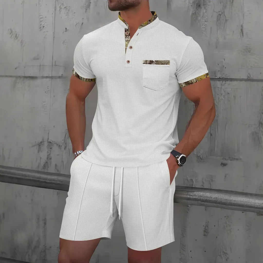 Men's grey waffle texture zipper polo collar short sleeve jacket and matching shorts set on a hanger.