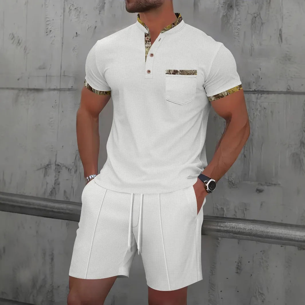 Men's grey waffle texture zipper polo collar short sleeve jacket and matching shorts set on a hanger.