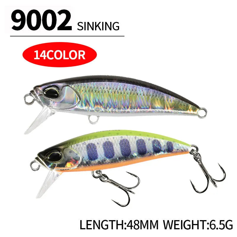 A Japanese submerged mino fishing lure measuring 48mm, shown in one of 14 available colours.