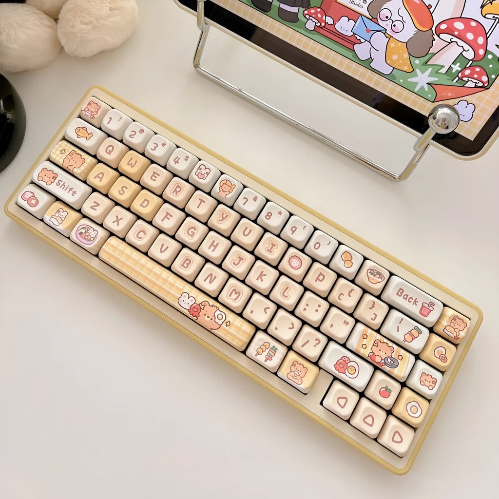 Rabbit bear restaurant themed PBT keycap set with 140 pieces in EOA height profile