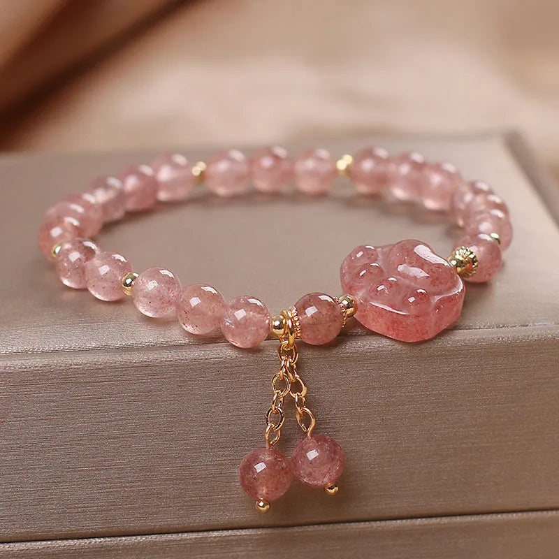 Red cat's eye flowers lucky cat double-layer crystal bracelet for women in ethnic style.