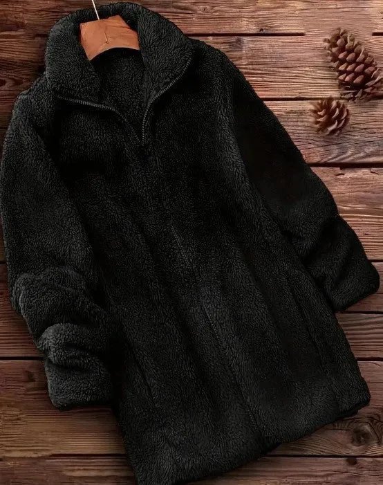 Double-sided velvet fleece-lined jacket in black, shown on a hanger