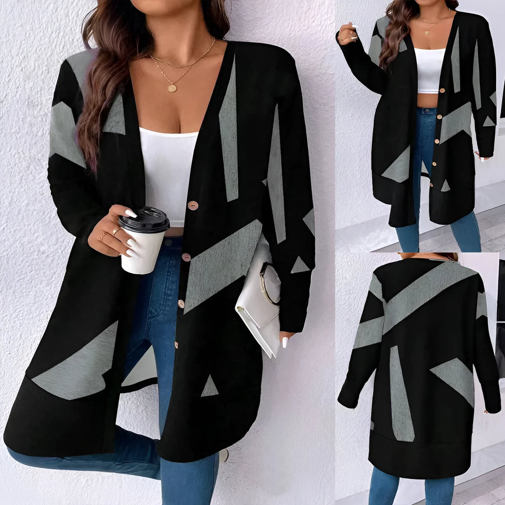 Black loose casual plus size cardigan with button stitching printing detail