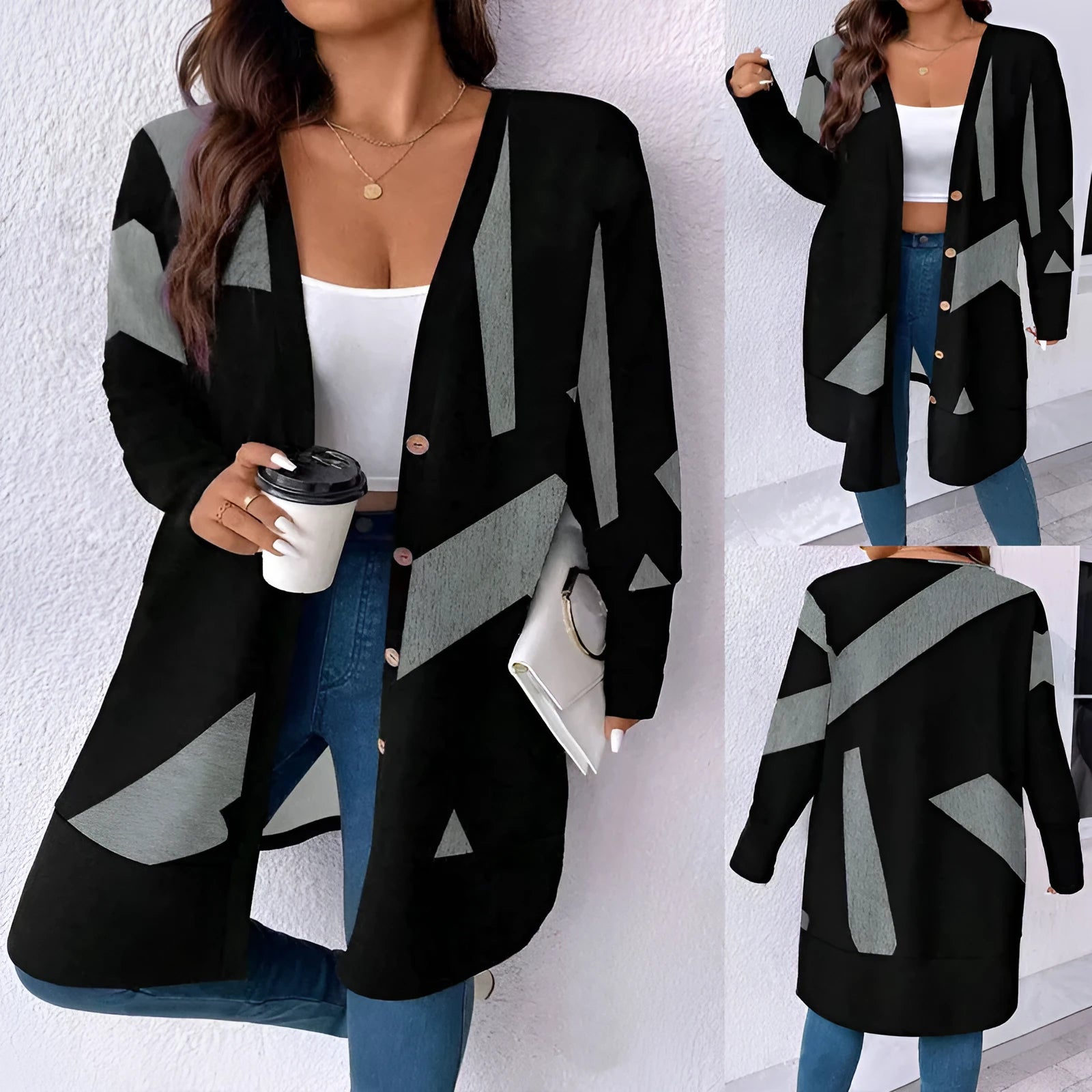 Black loose casual plus size cardigan with button stitching printing detail