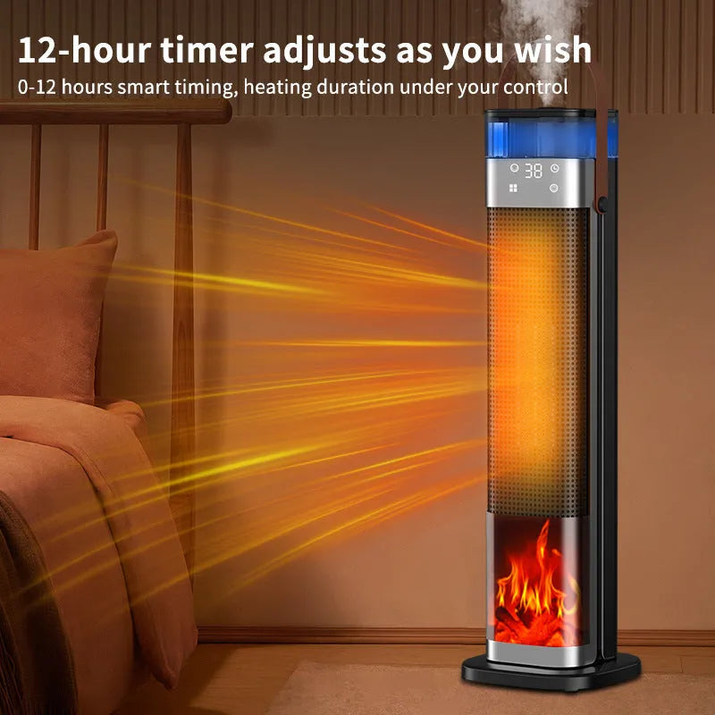 Vertical tower heater with humidification function and remote control, white casing.