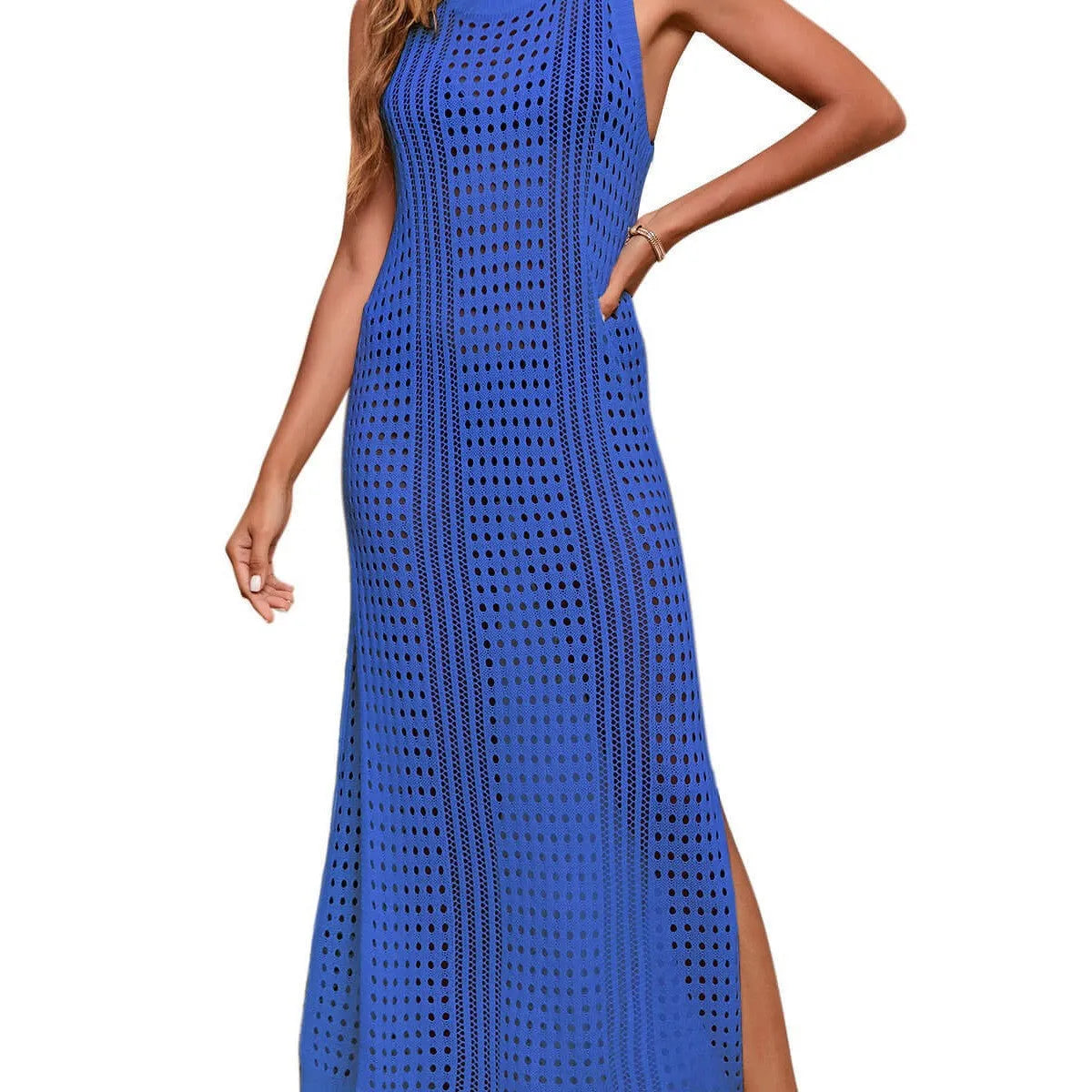 Women's long loose beach hollow-out knitted blouse in solid colour on hanger