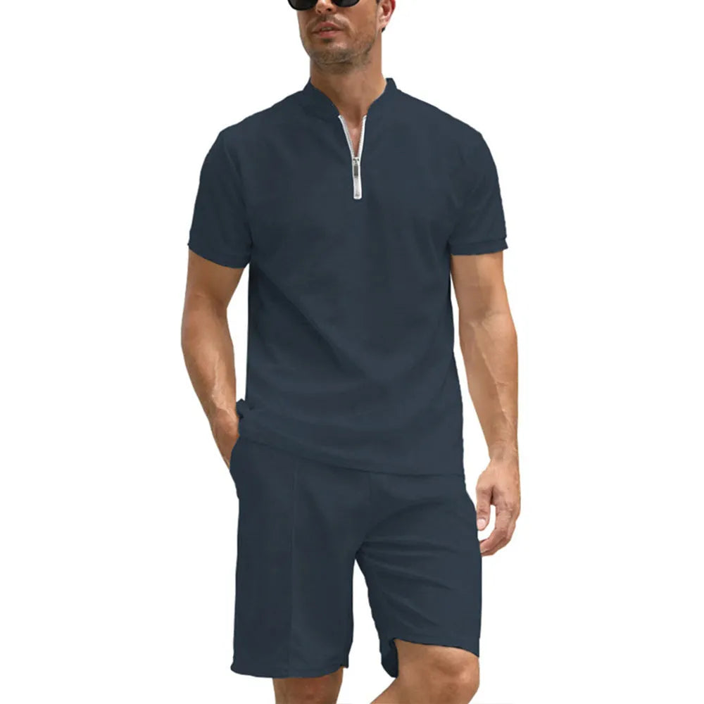 Men's solid colour polo shirt two-piece suit set in beaded bird's eye polyester fabric