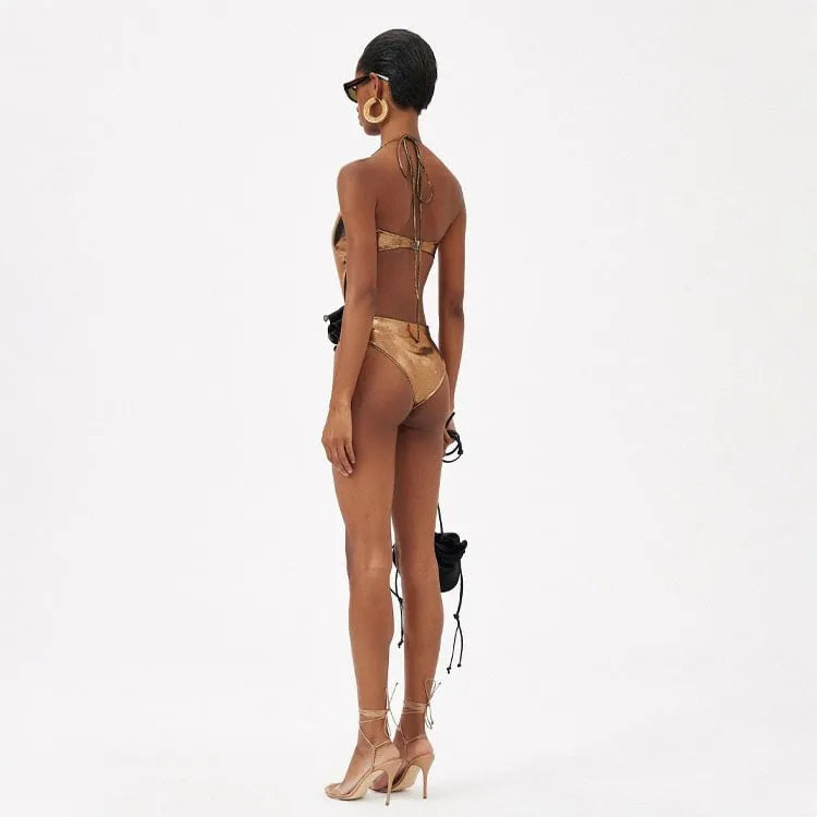 Gold handmade hollow-out halter one-piece swimsuit for swimming and wading sports