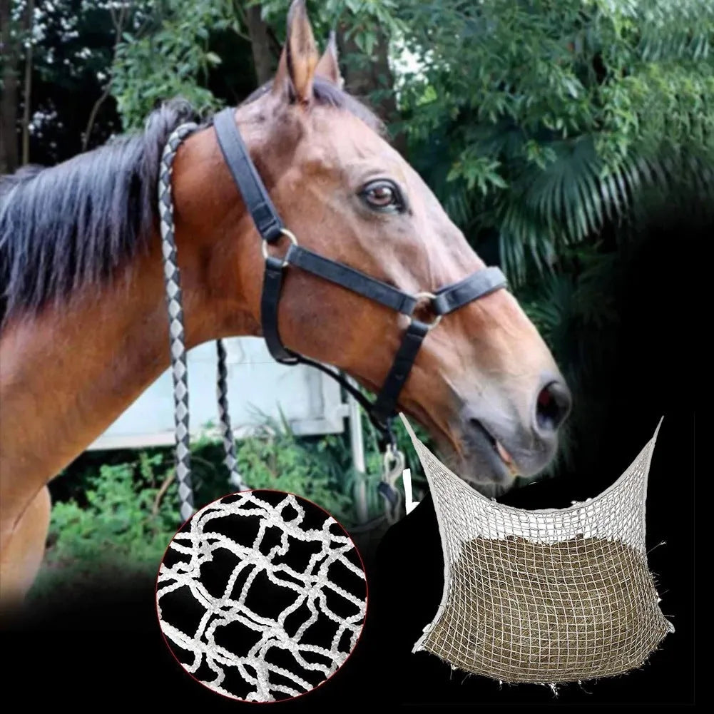 Woven PE rope grid horse feeding bag in black colour showing hanging design and weaving construction