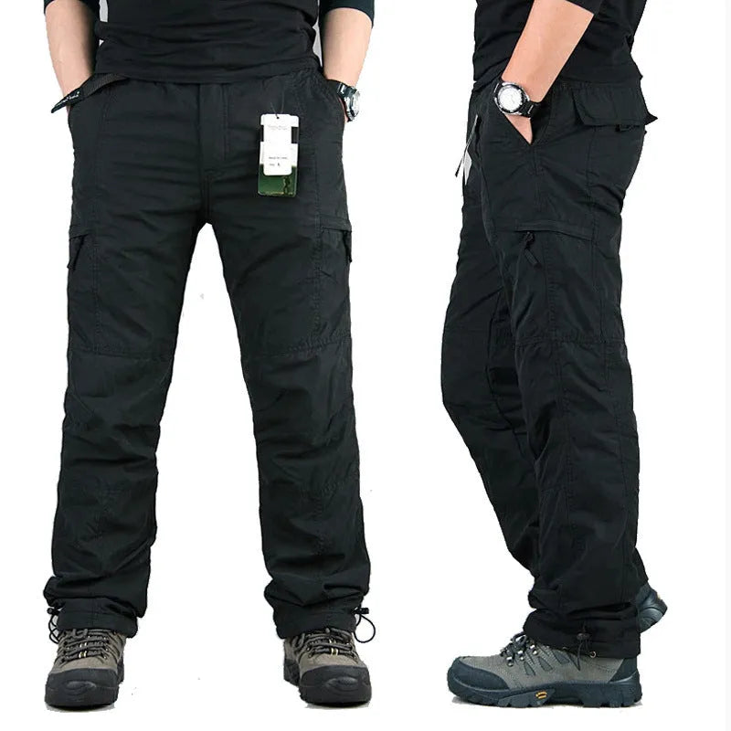 Men's thick cotton overalls with velvet wool lining in khaki colour, showing loose straight-leg fit.