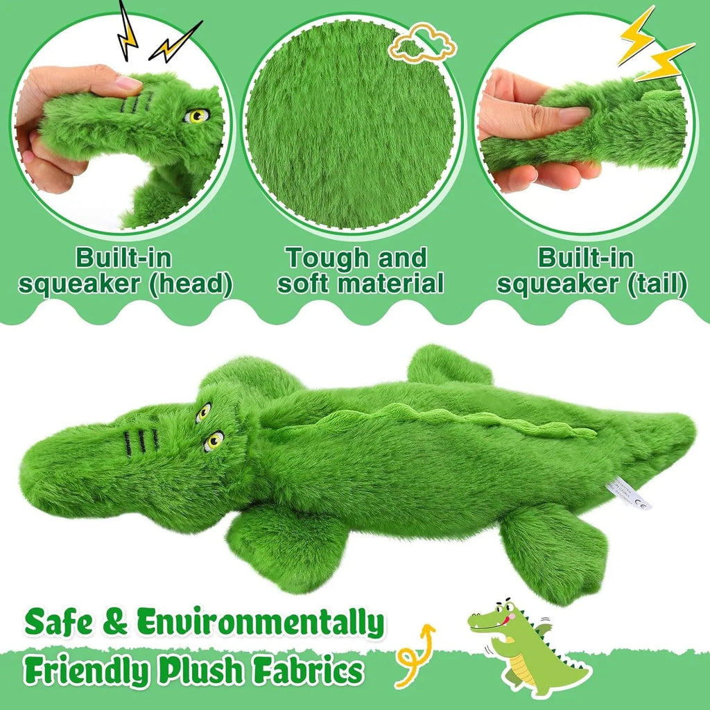 Green crocodile plush dog toy with no stuffing for safe chewing by small and medium dogs