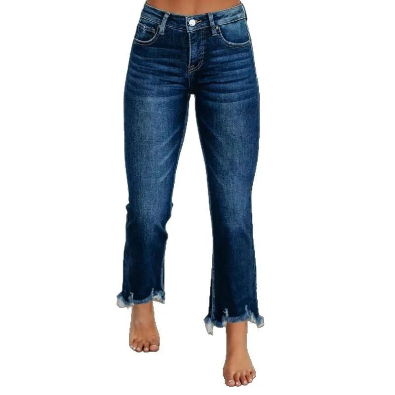 Women's solid colour denim jeans in dark blue or light blue, made from cotton fabric.