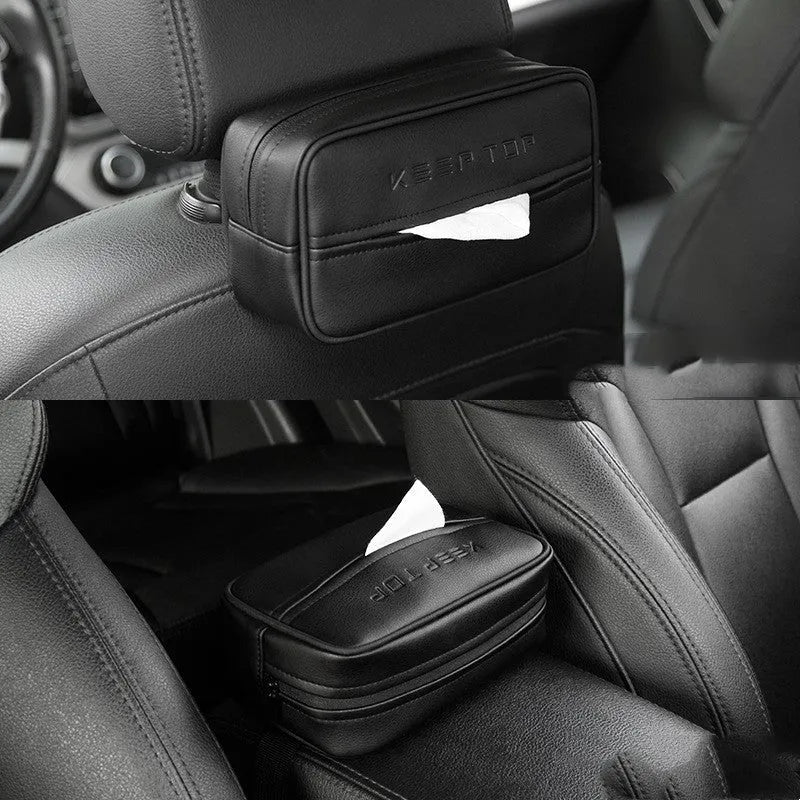 Black PU leather hanging organiser bag for car storage with dimensions 230mm x 110mm x 90mm.