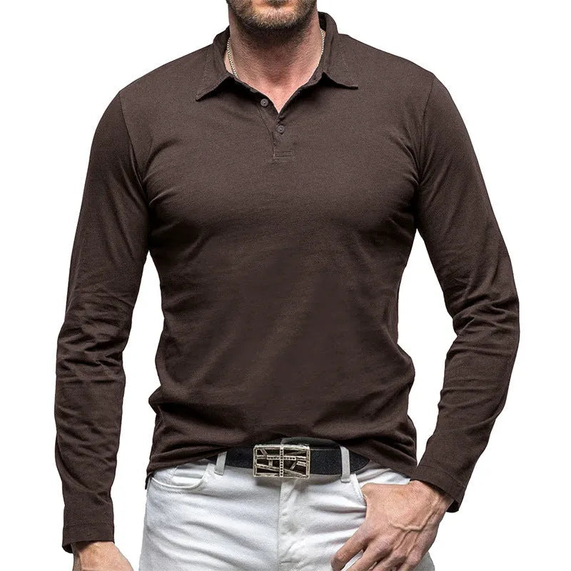 Men's dark grey cotton polo collar long sleeve T-shirt laid flat, American retro style.