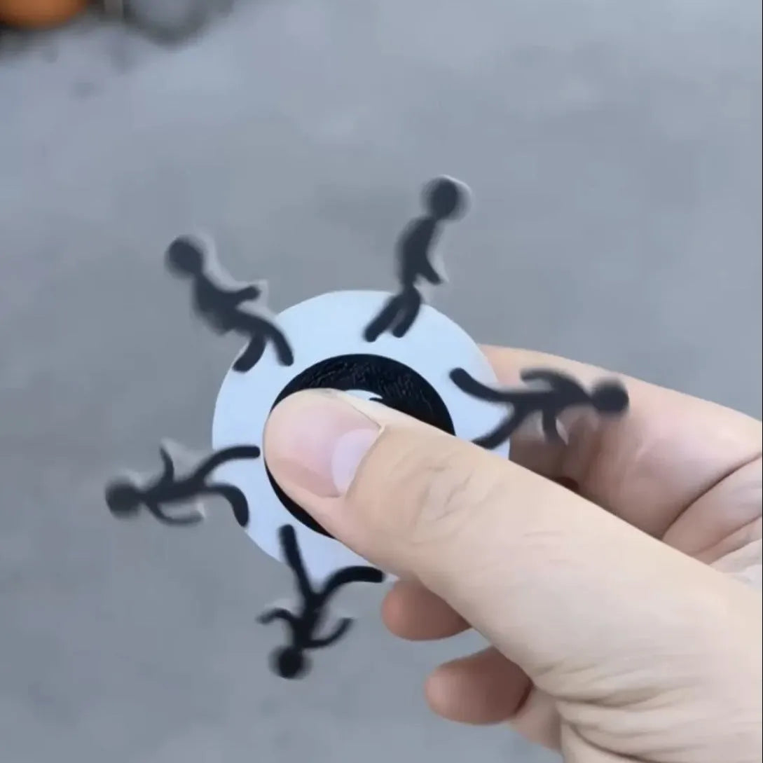Colourful stickman running dynamic fingertip gyro on a white surface, spinning motion visible