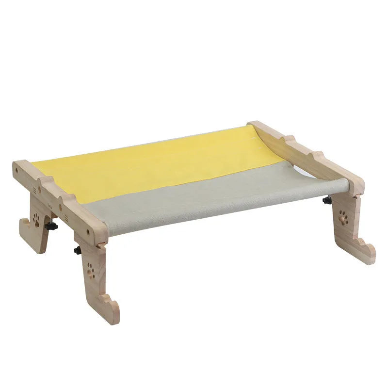 Wooden cat hanging bed mounted to window with seven style variations for balcony or bedside use