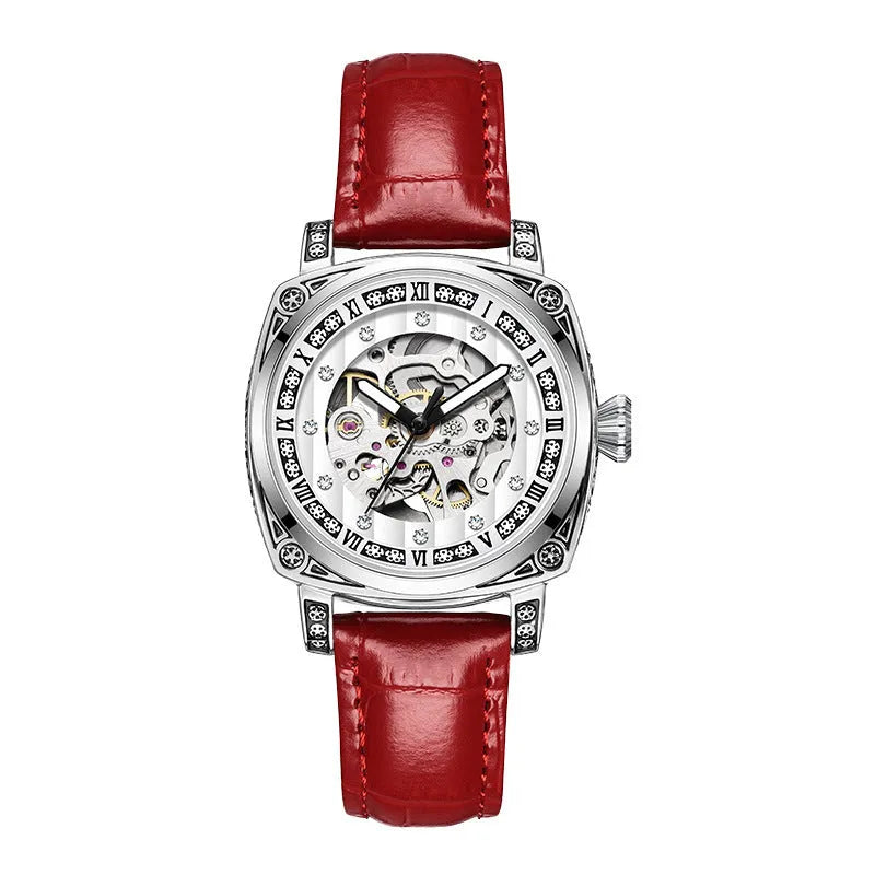 Mechanical wristwatch with luminous hands on a leather strap, shown in multiple colour options.
