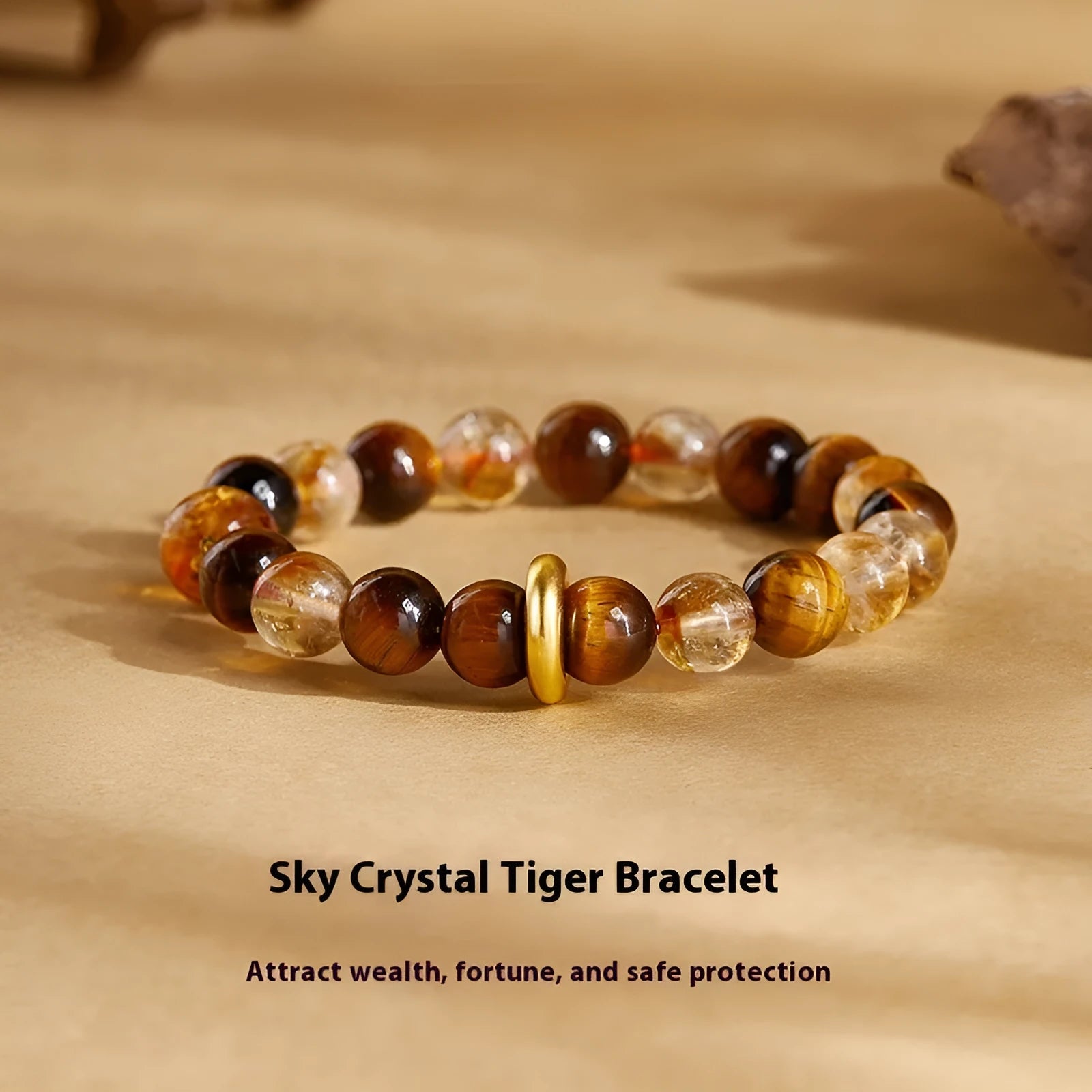 Crystal tigereye beaded bracelet for women, 8mm beads, sterling silver, dome tiger colour, on wrist