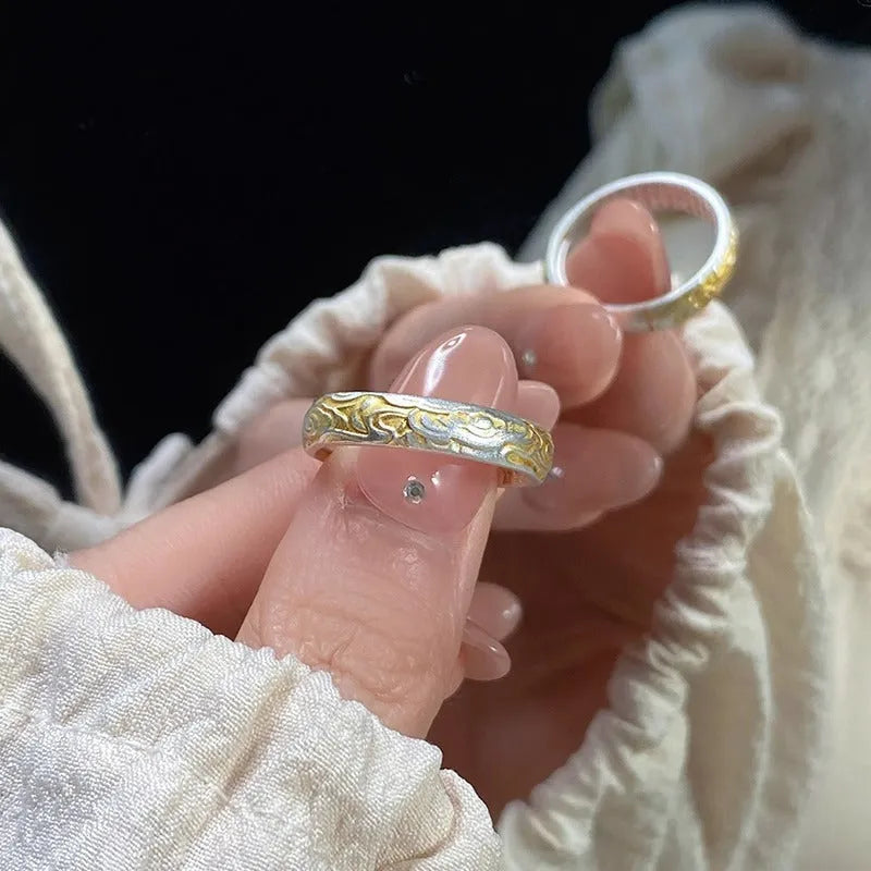 Geometric open-mouth white copper ring with J14 Xiangyun pattern in silver or gold electroplate.