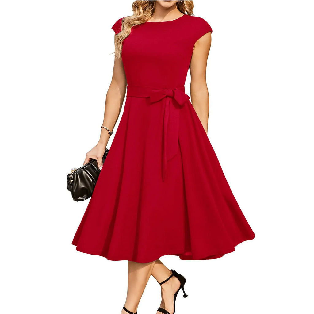 Sleeveless women's dress with lace-up waist tie and oversized swing skirt in twisted silk polyester