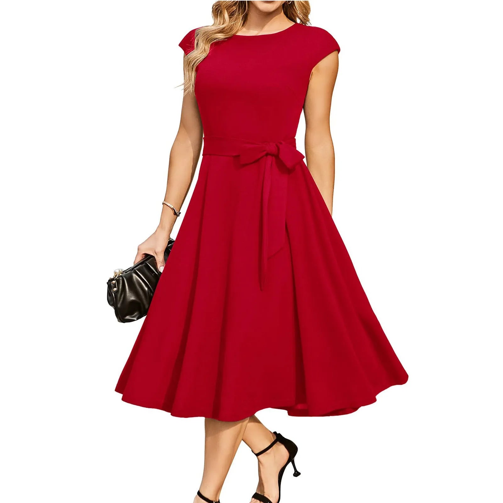 Sleeveless women's dress with lace-up waist tie and oversized swing skirt in twisted silk polyester