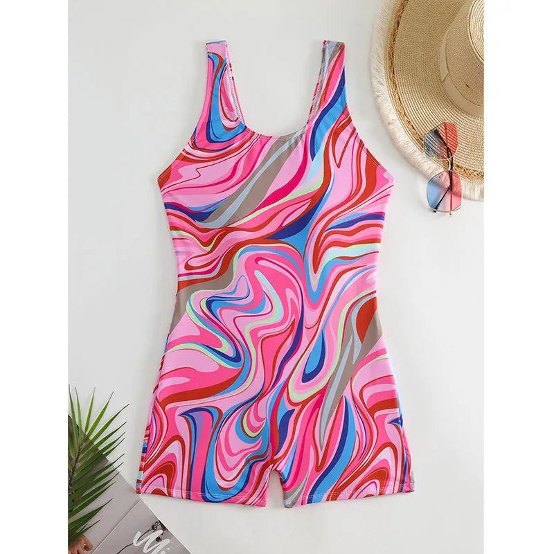 Women's printed high-waisted backless one-piece swimsuit in polyester on a model