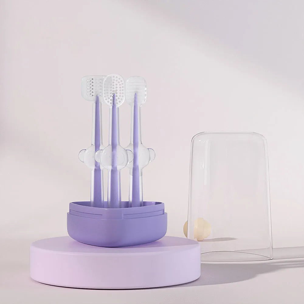 Purple silicone pet toothbrush with dual-ended design showing traditional brush head and finger brush