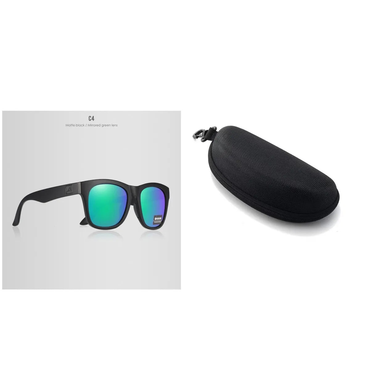 Polarised sunglasses with TAC lenses and PC frame for UV protection during outdoor activities.